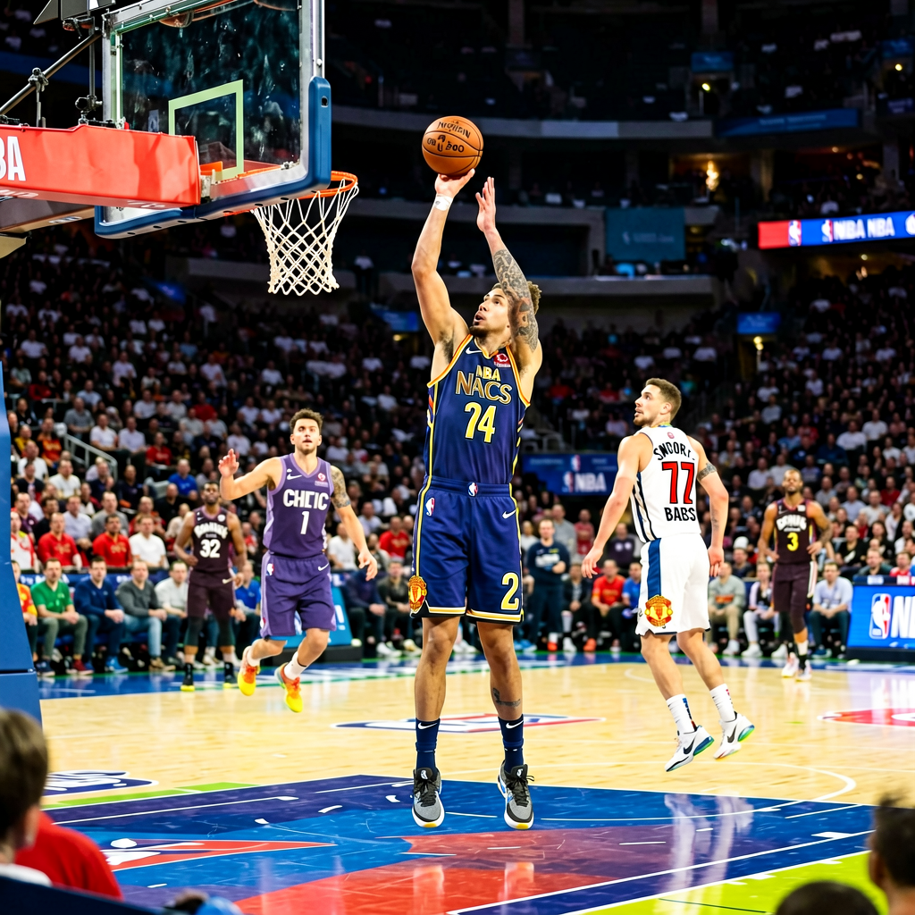 NBA篮球比赛现场，球员在三分线外准备投篮